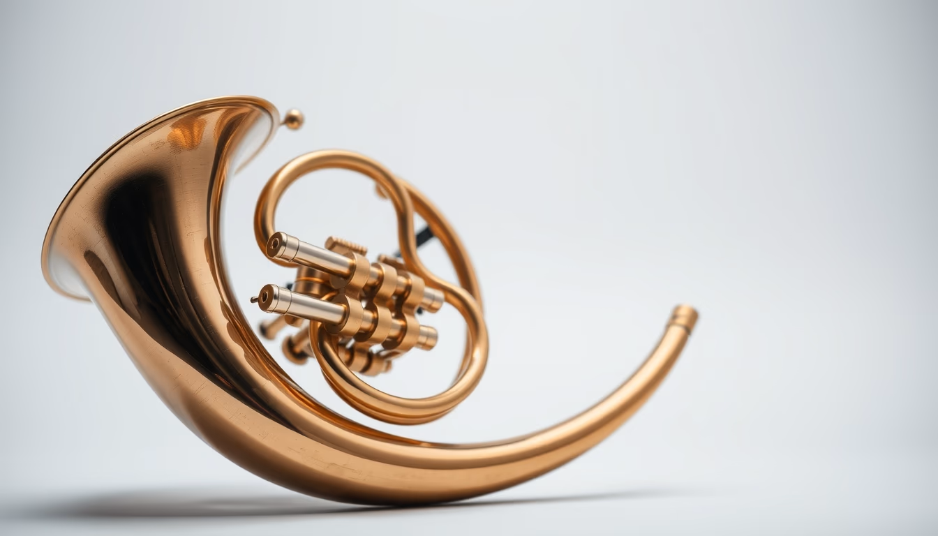 french horn polished brass in editorial style