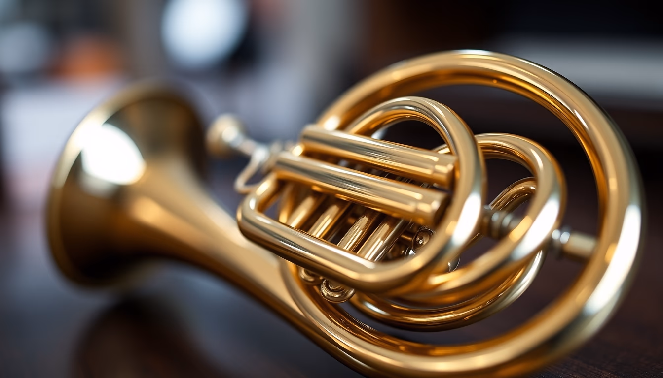 french horn polished brass in editorial style