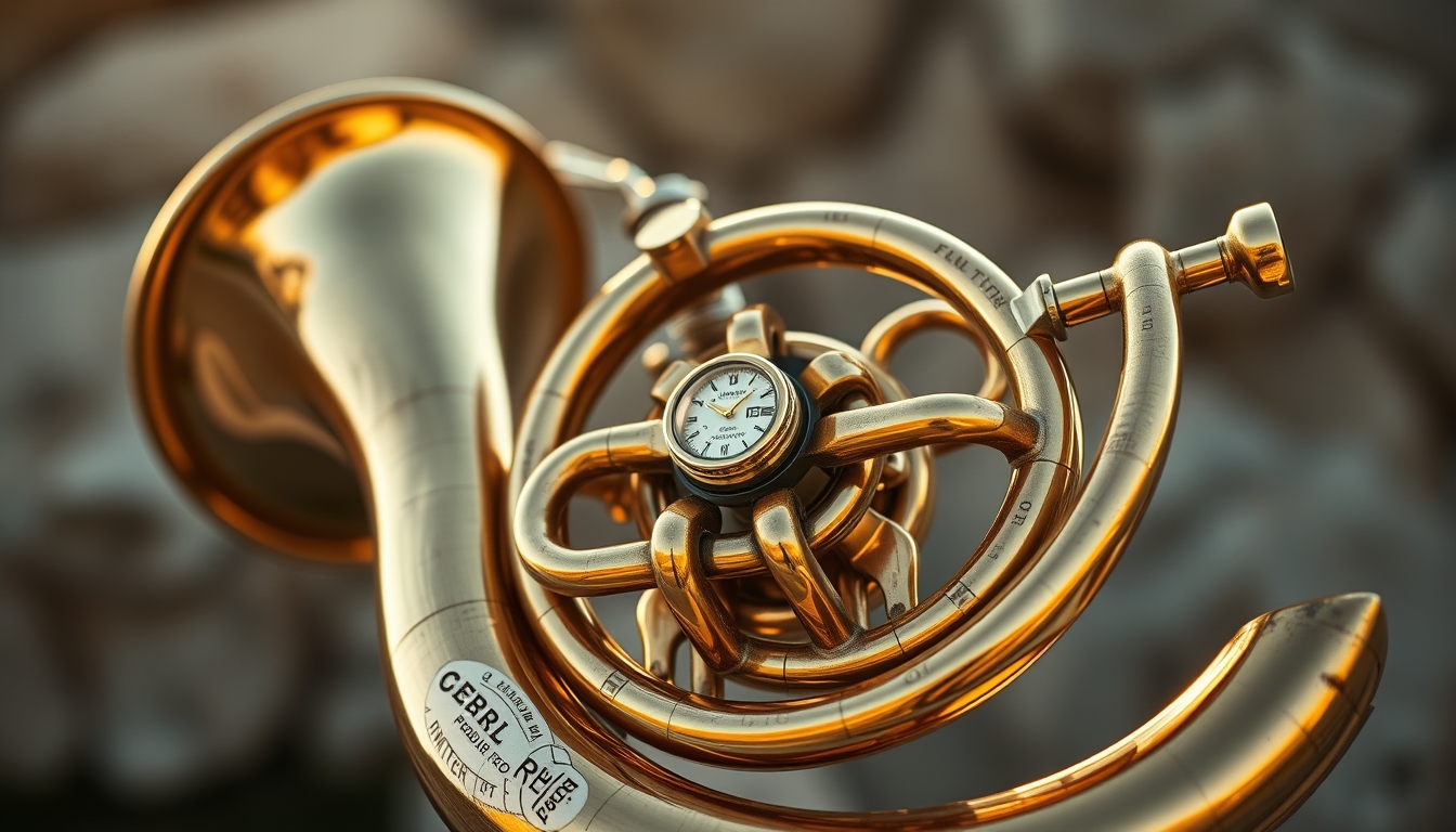 french horn polished brass in editorial style