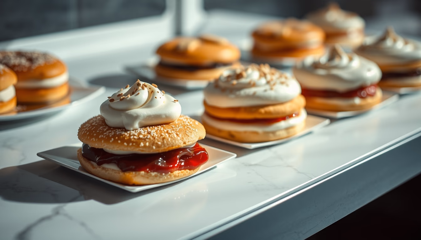 french pastries display in editorial style
