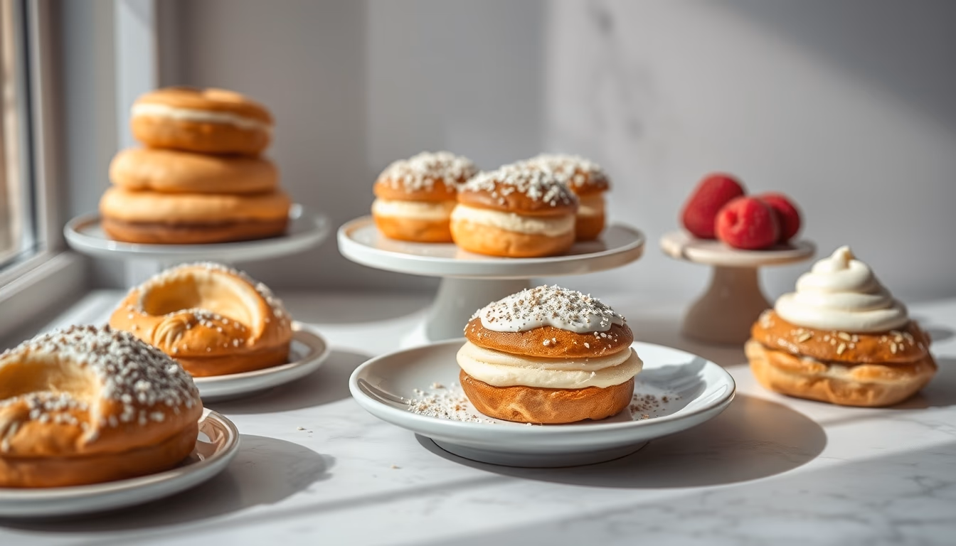 french pastries display in editorial style
