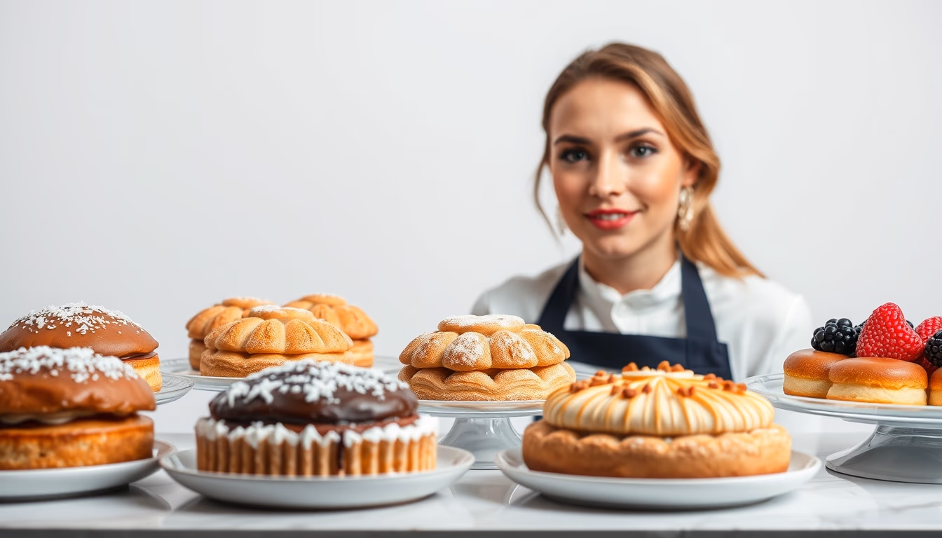 french pastries display in editorial style
