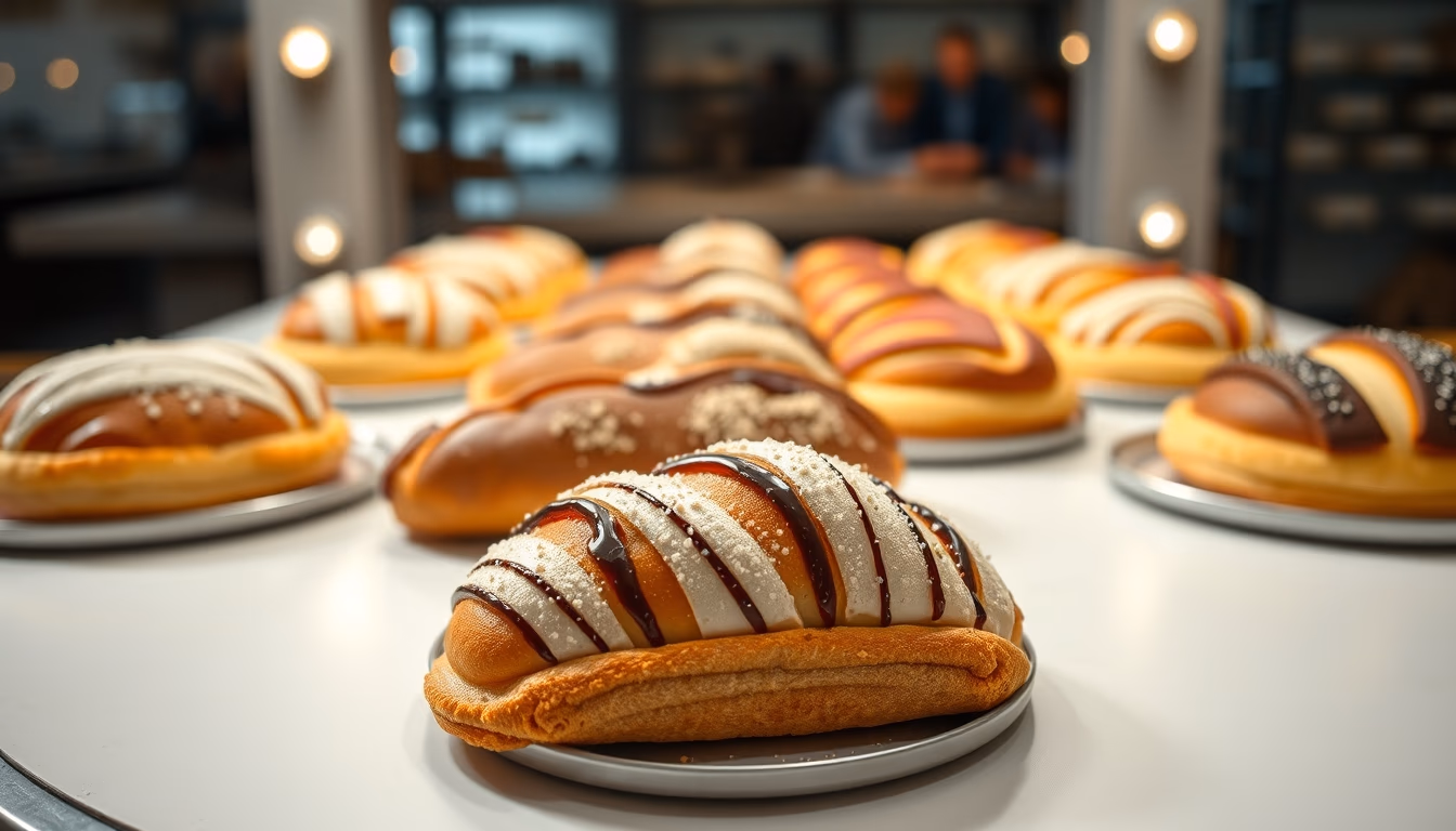 french pastries display in editorial style