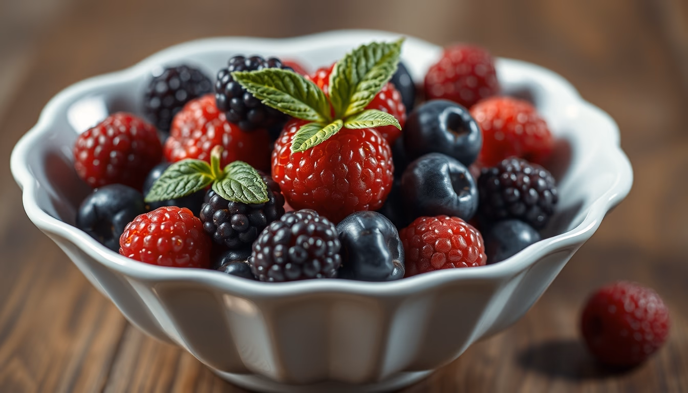 fresh berries in white bowl in editorial style
