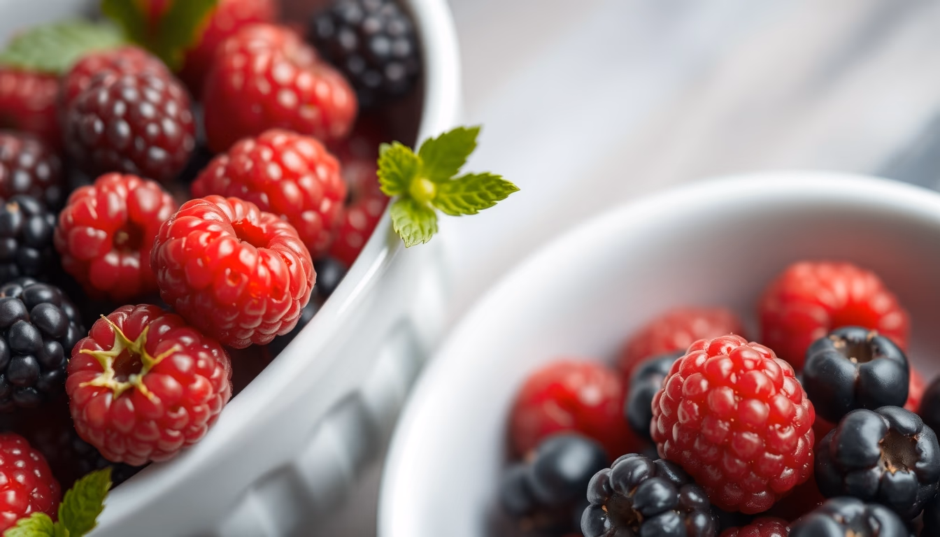 fresh berries in white bowl in editorial style
