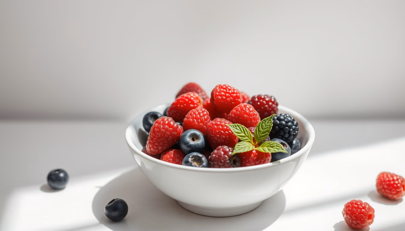 fresh berries in white bowl in editorial style