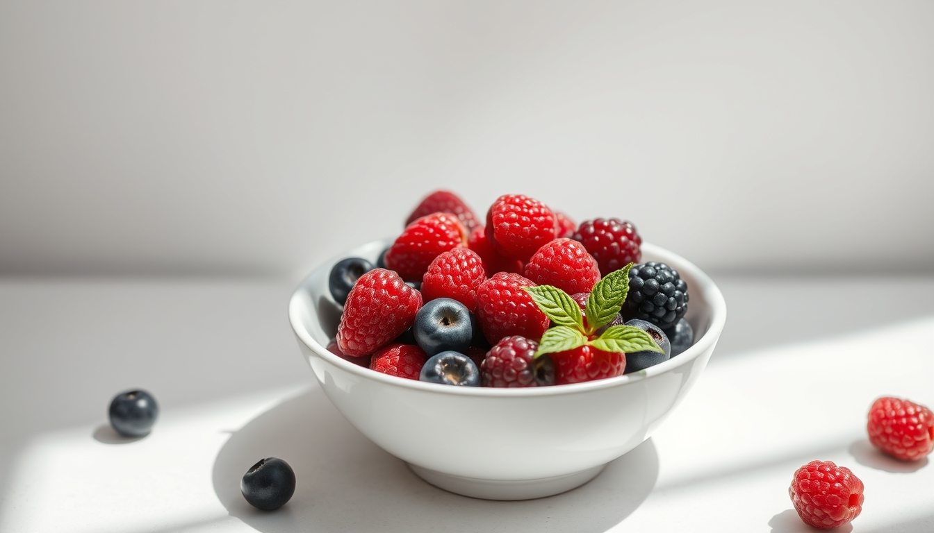 fresh berries in white bowl in editorial style