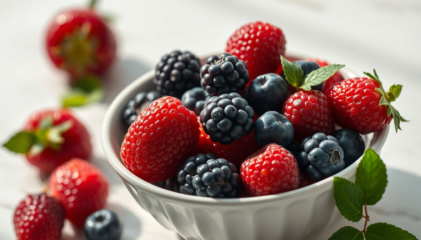 fresh berries in white bowl in editorial style