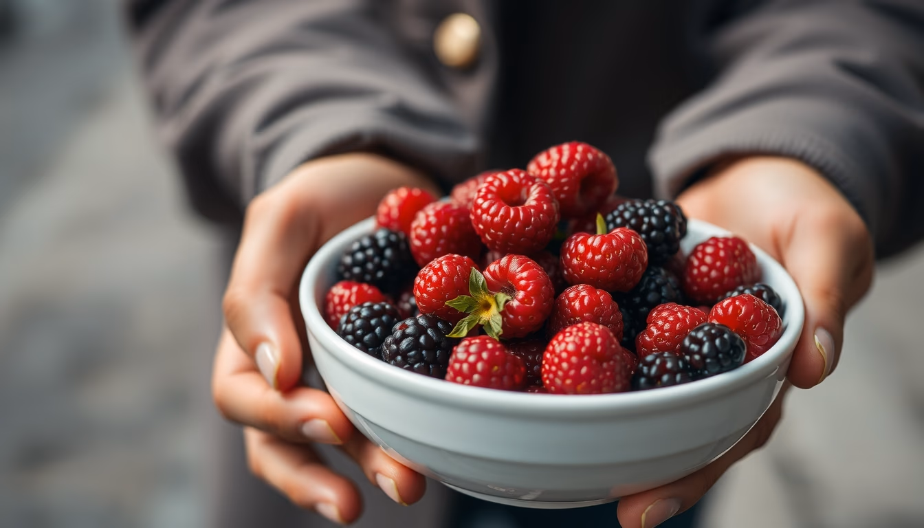 fresh berries in white bowl in editorial style