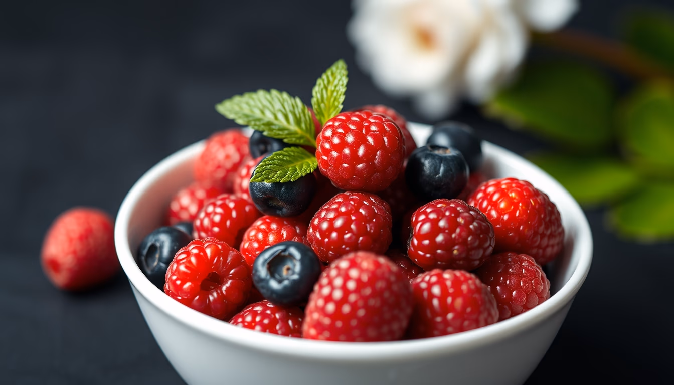 fresh berries in white bowl in editorial style