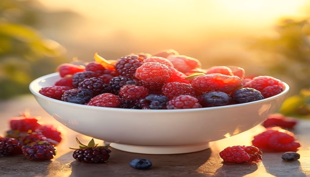 fresh berries in white bowl in editorial style