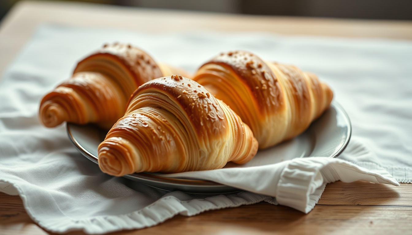 fresh croissants on linen in editorial style