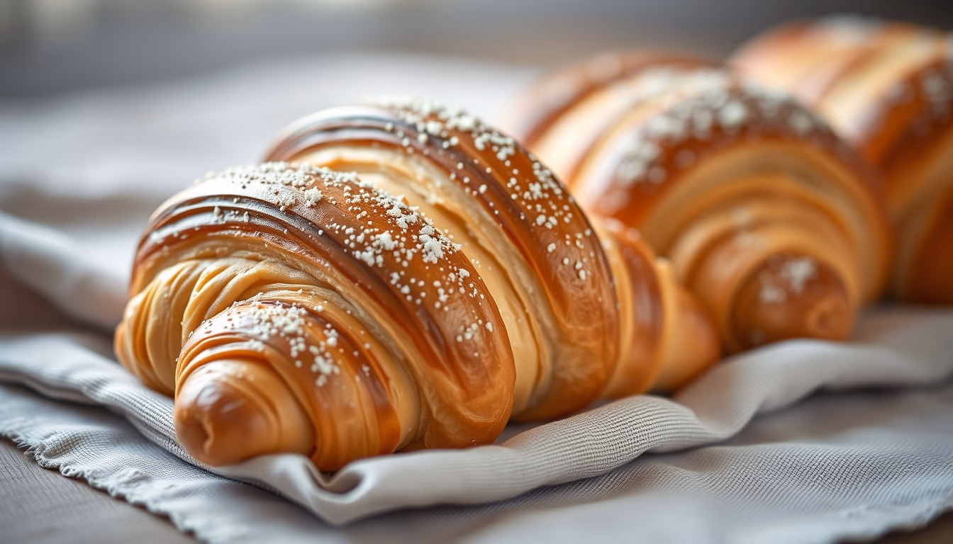 fresh croissants on linen in editorial style