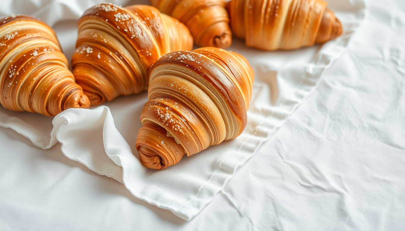 fresh croissants on linen in editorial style