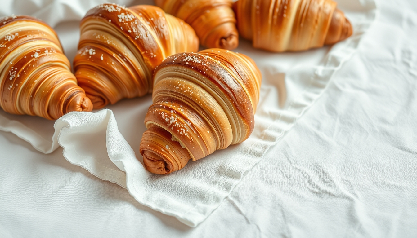 fresh croissants on linen in editorial style