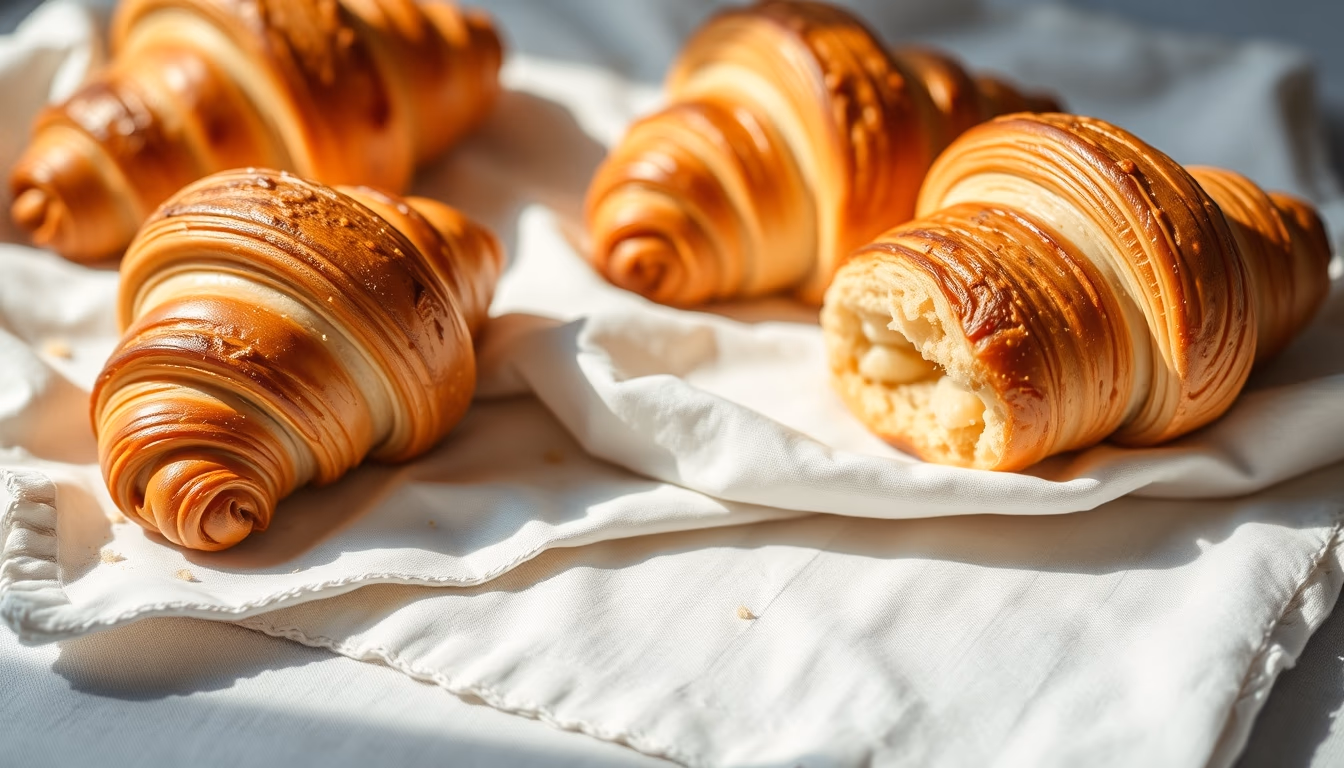 fresh croissants on linen in editorial style