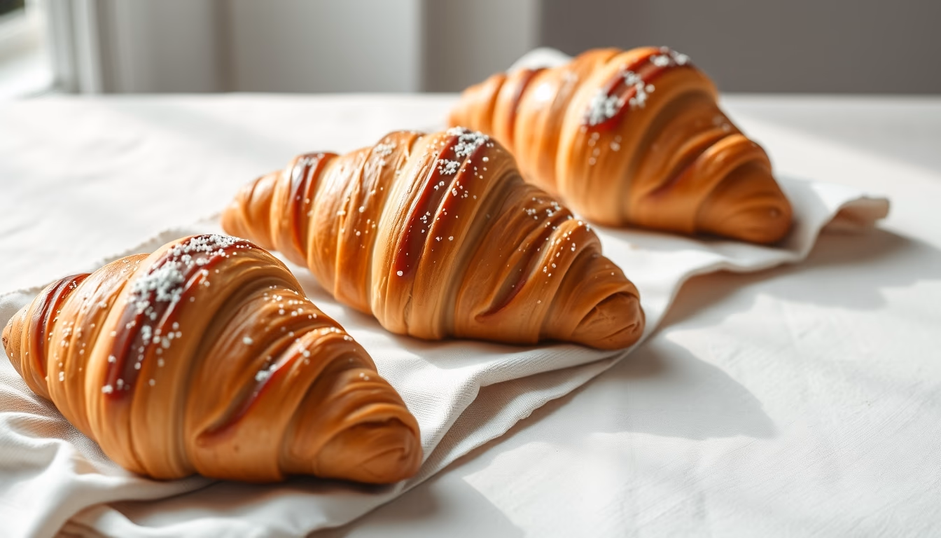 fresh croissants on linen in editorial style