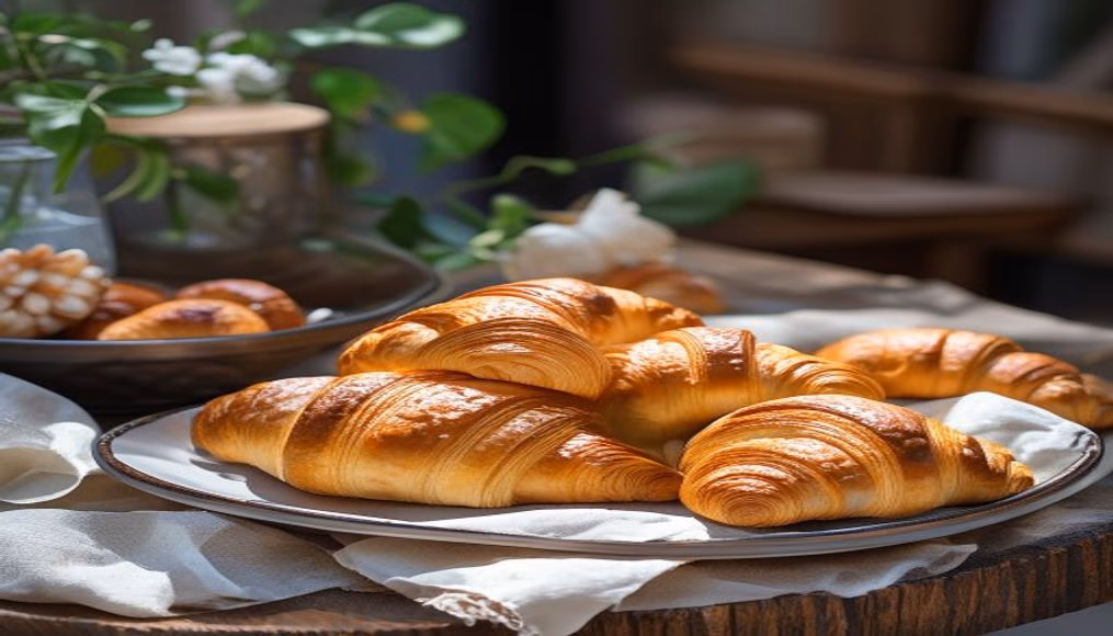 fresh croissants on linen in editorial style