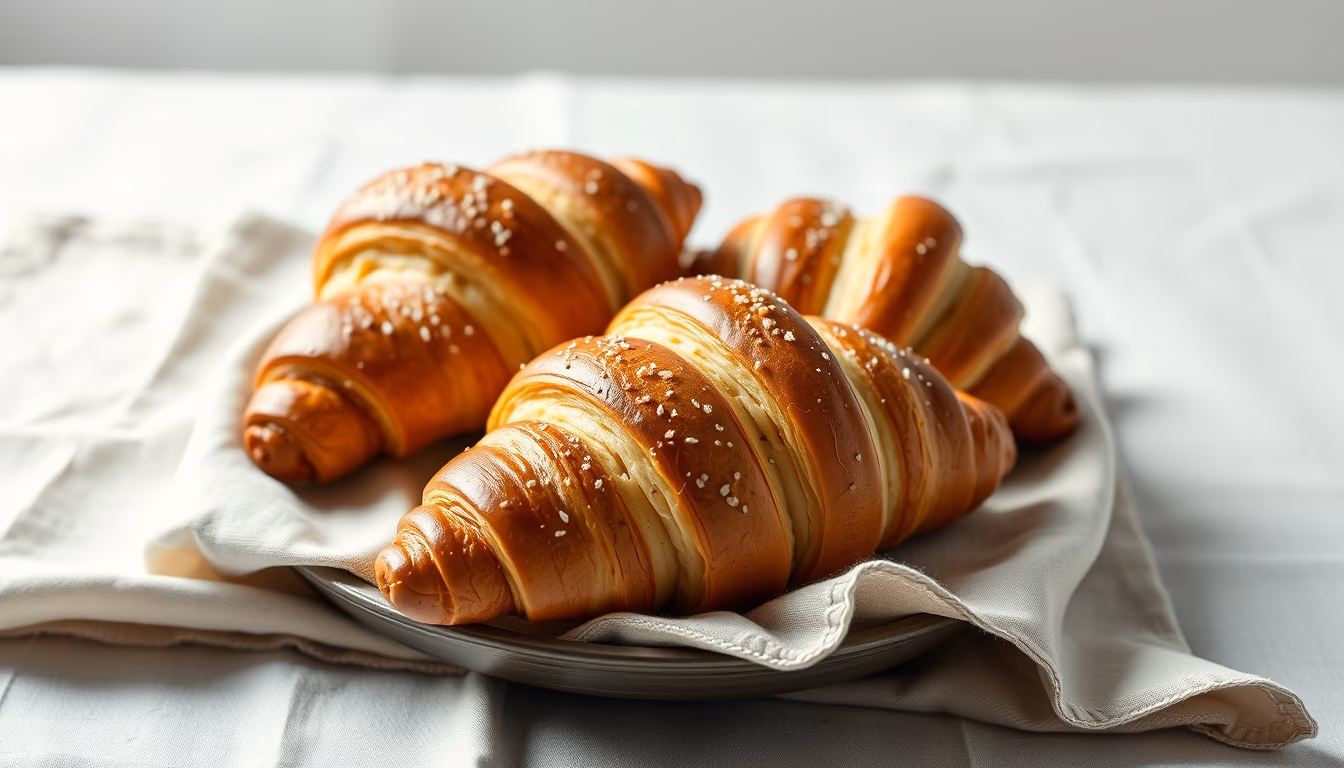 fresh croissants on linen in editorial style
