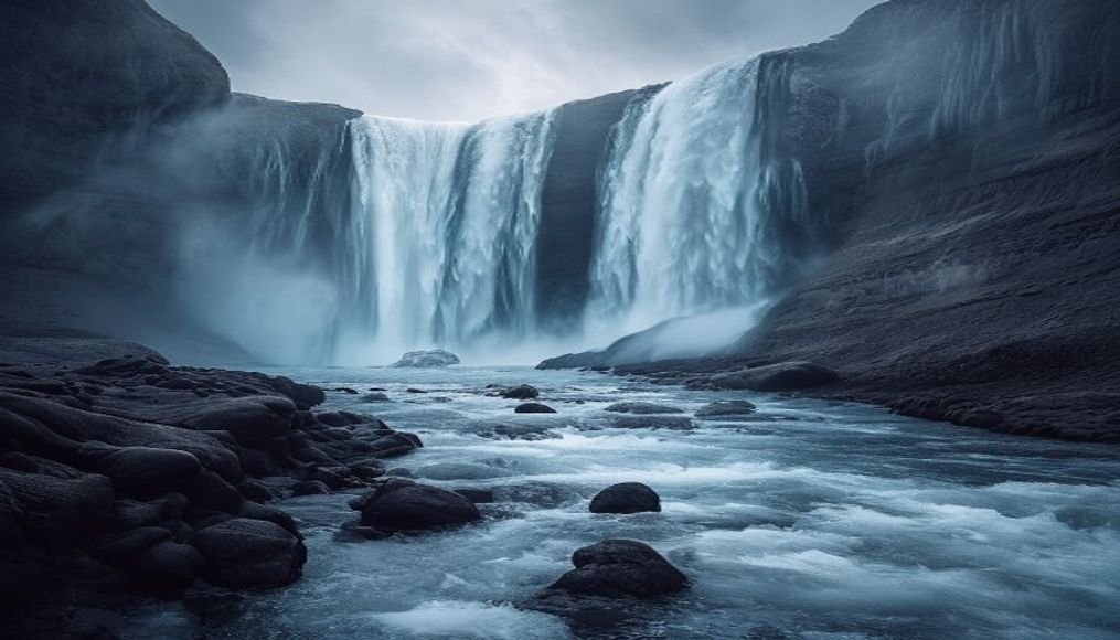 frozen waterfall iceland in editorial style