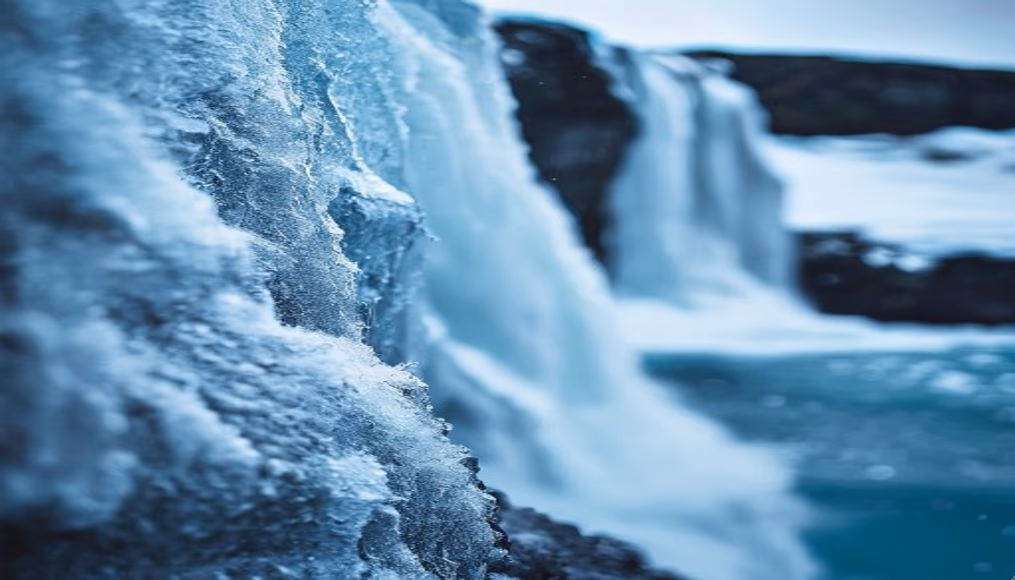 frozen waterfall iceland in editorial style