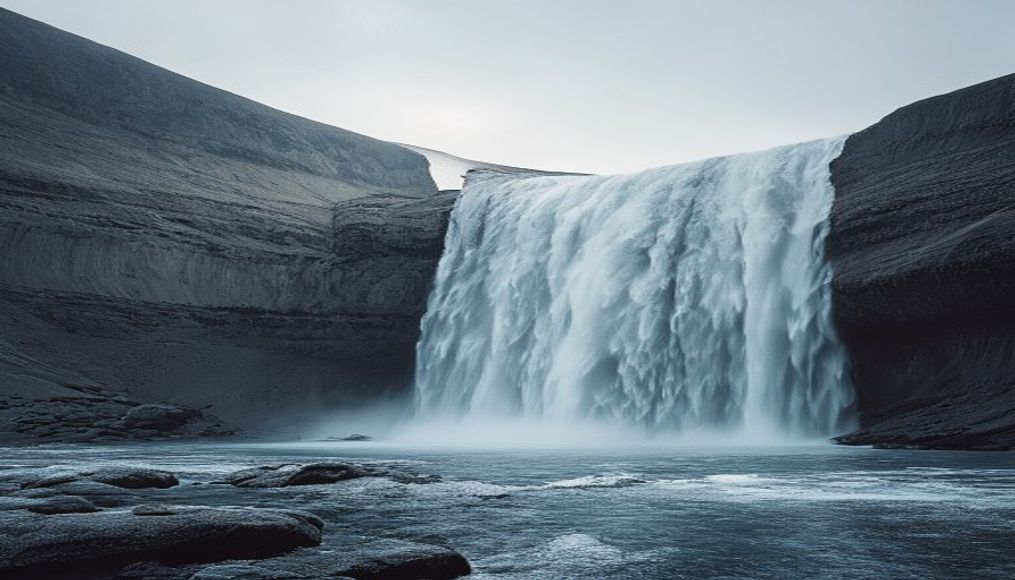 frozen waterfall iceland in editorial style