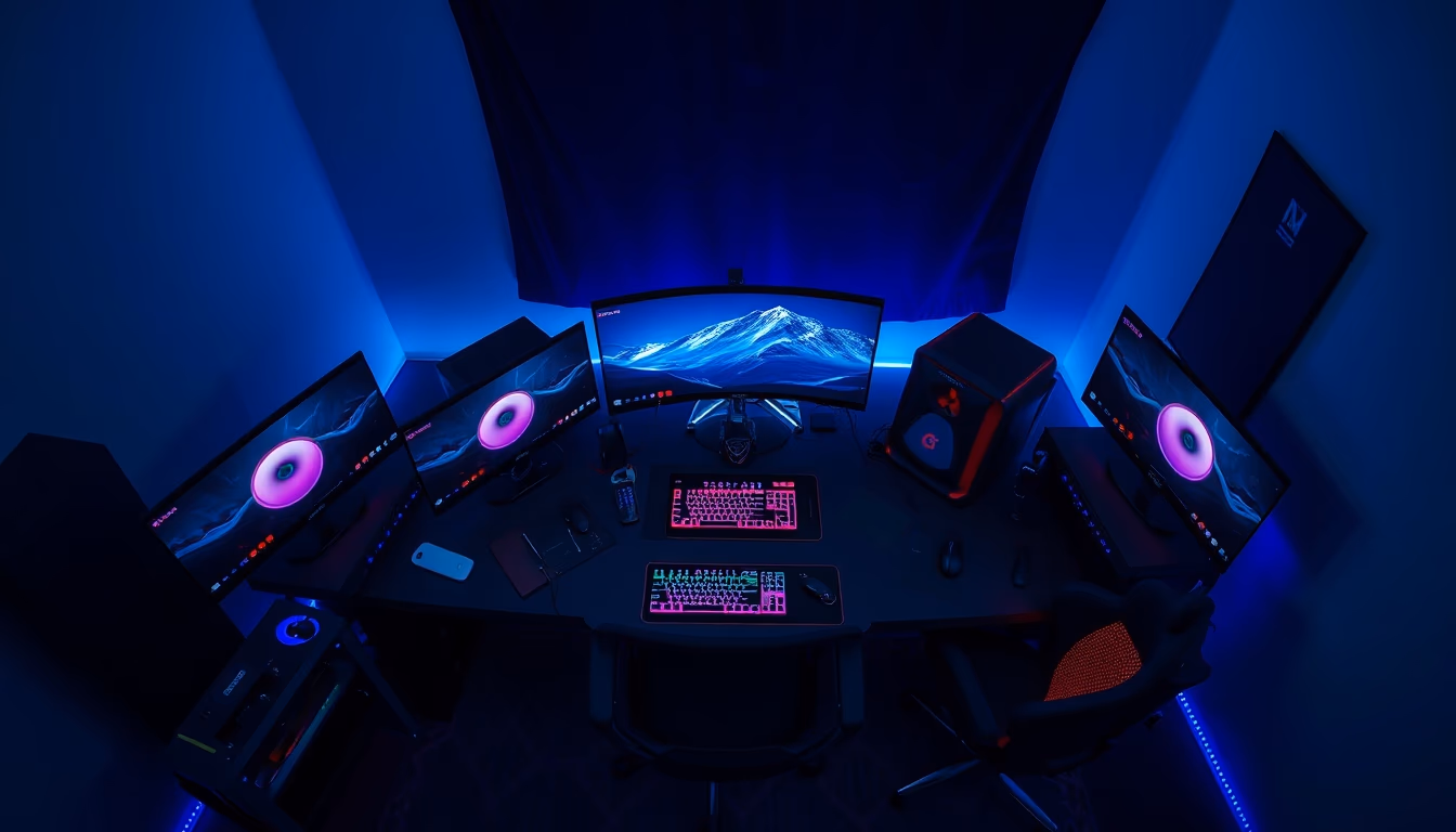 gaming setup with rgb lights in editorial style