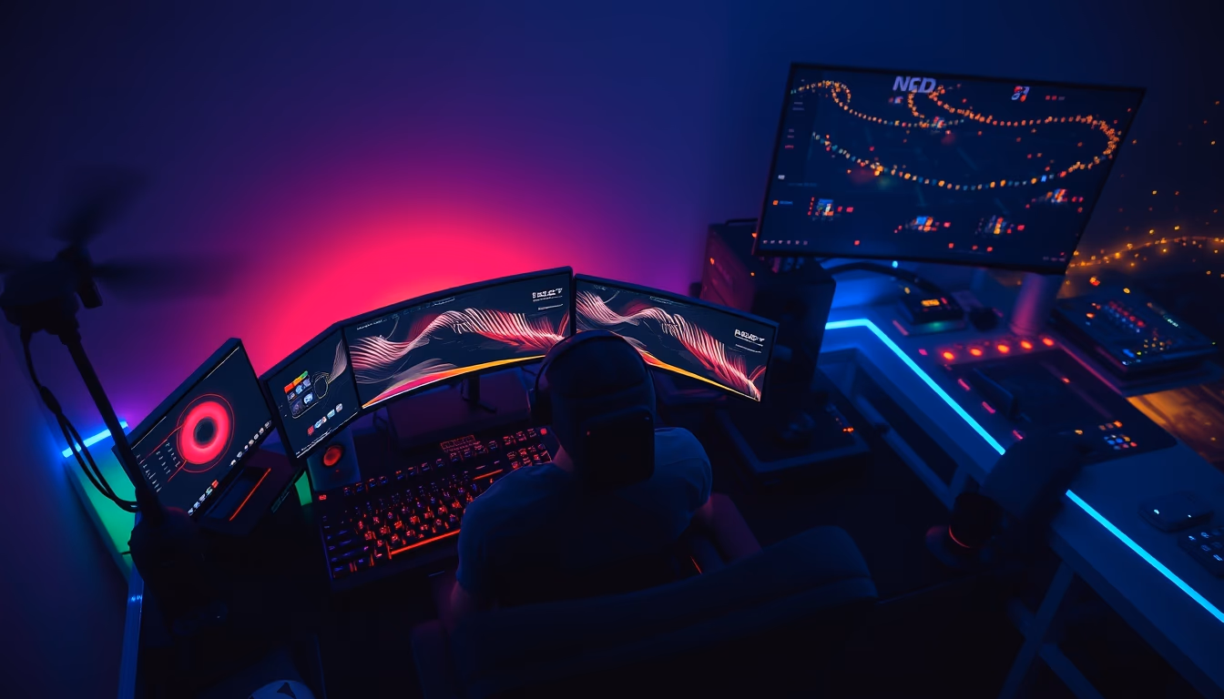 gaming setup with rgb lights in editorial style