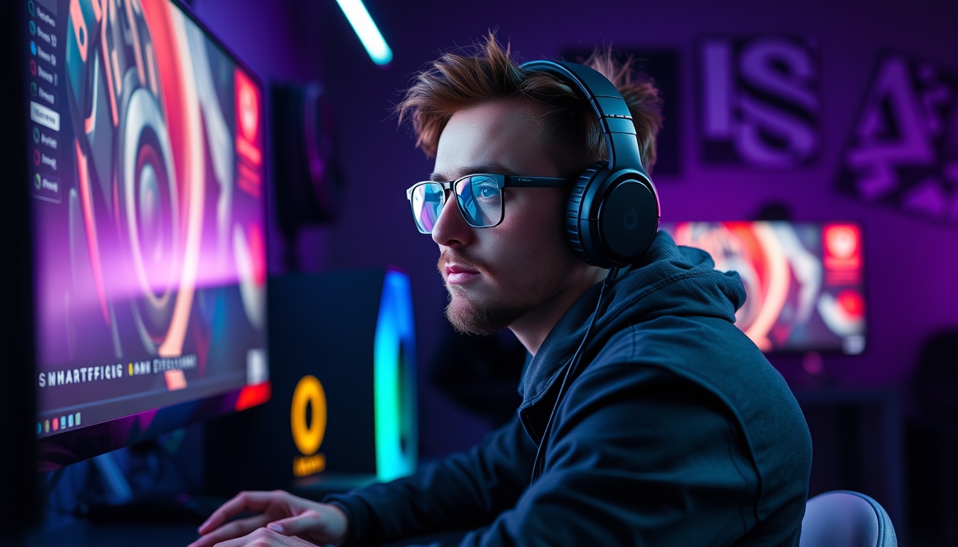 gaming setup with rgb lights in editorial style