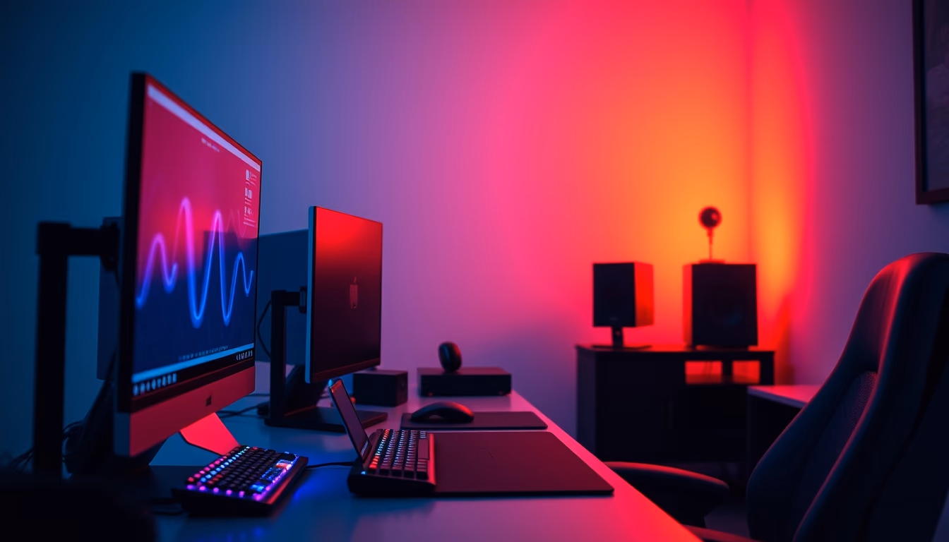 gaming setup with rgb lights in editorial style