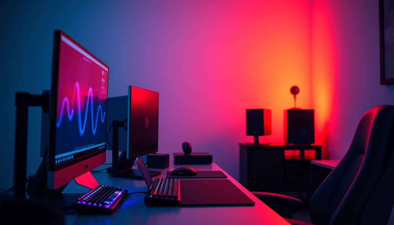 gaming setup with rgb lights in editorial style