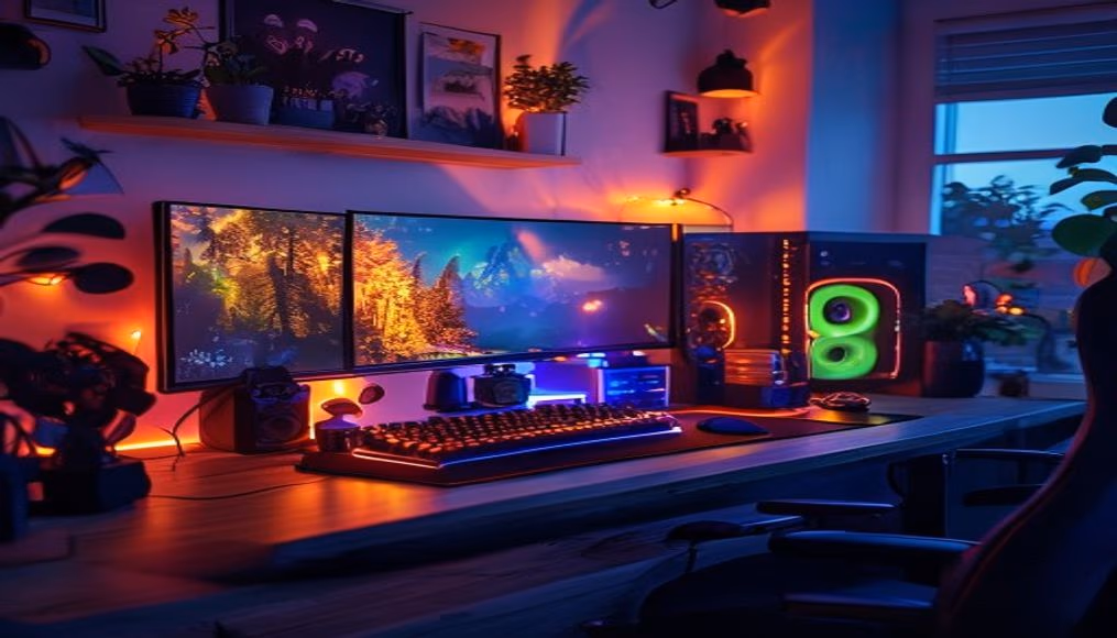 gaming setup with rgb lights in editorial style