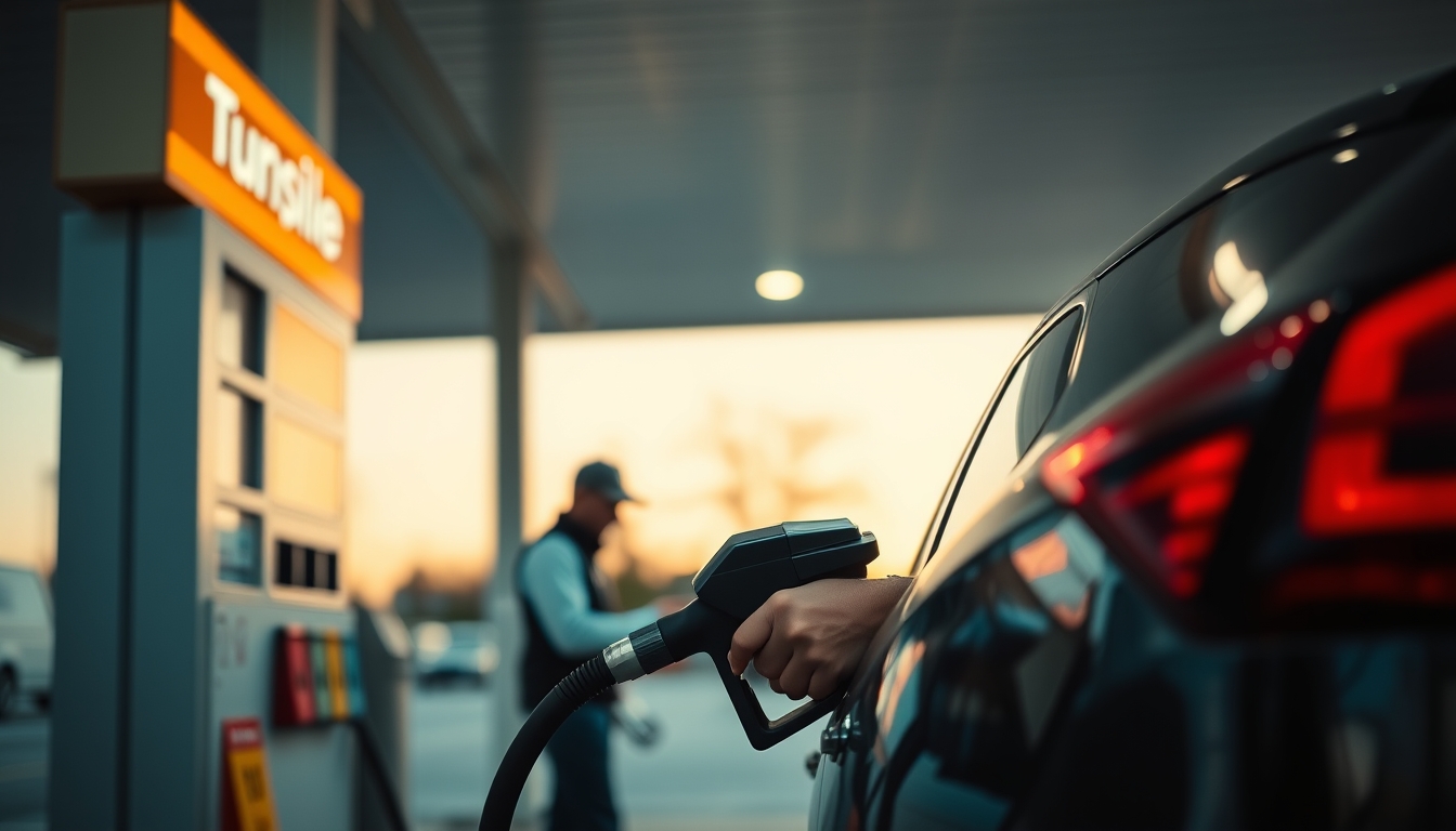 Gas station attendant filling up car next to fuel price sign em estilo editorial