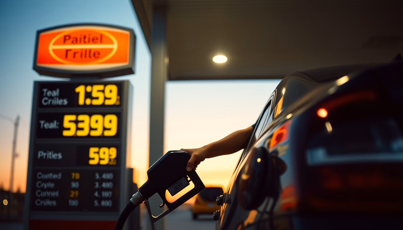 Gas station attendant filling up car next to fuel price sign em estilo editorial