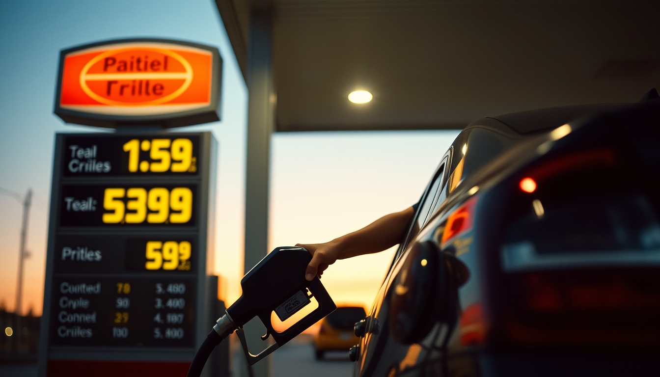 Gas station attendant filling up car next to fuel price sign em estilo editorial