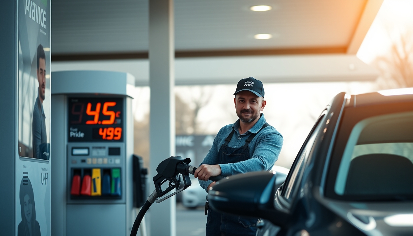 Gas station attendant filling up car next to fuel price sign em estilo editorial