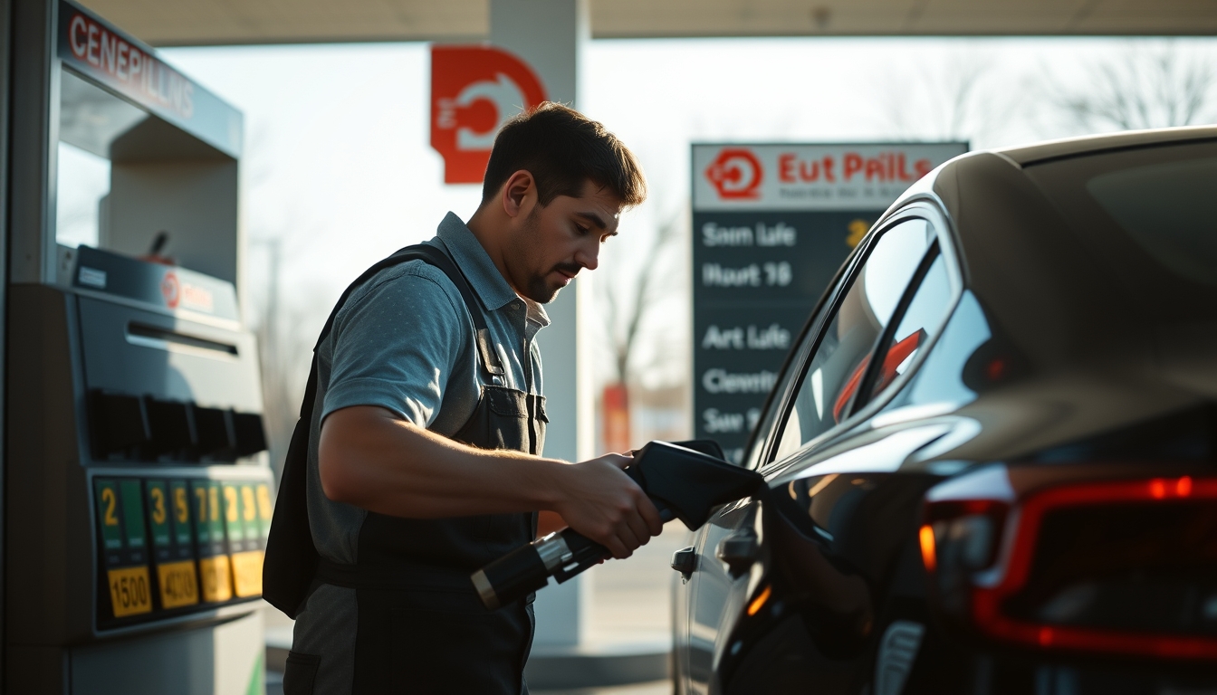Gas station attendant filling up car next to fuel price sign em estilo editorial