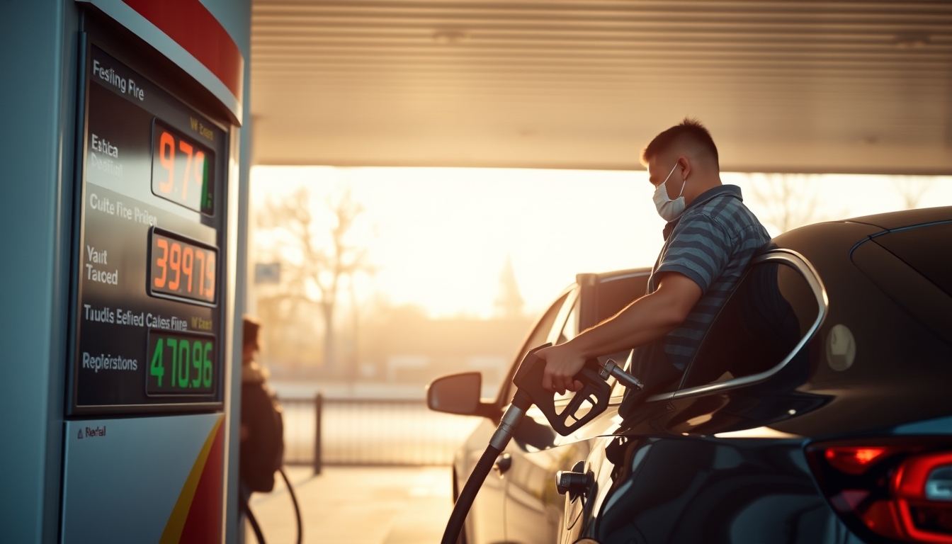 Gas station attendant filling up car next to fuel price sign em estilo editorial