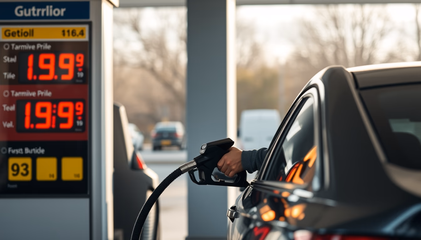 Gas station attendant filling up car next to fuel price sign em estilo editorial