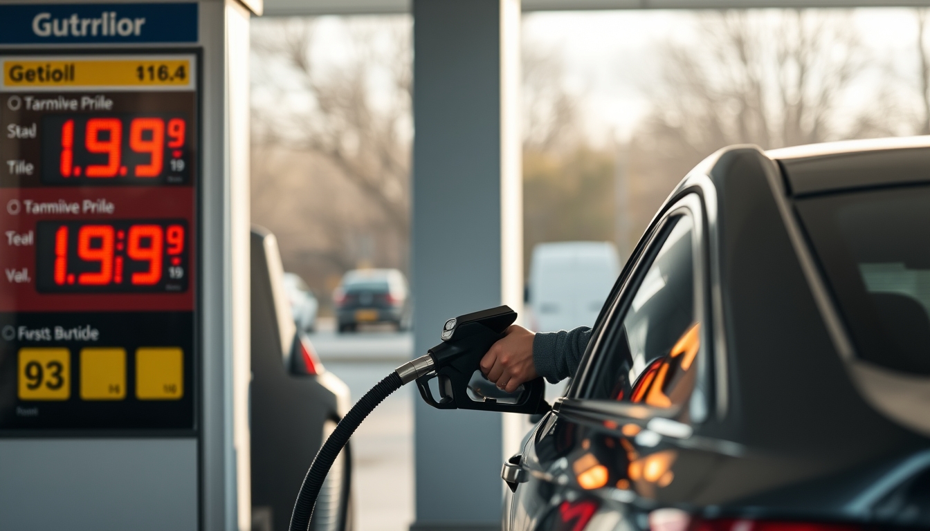 Gas station attendant filling up car next to fuel price sign em estilo editorial