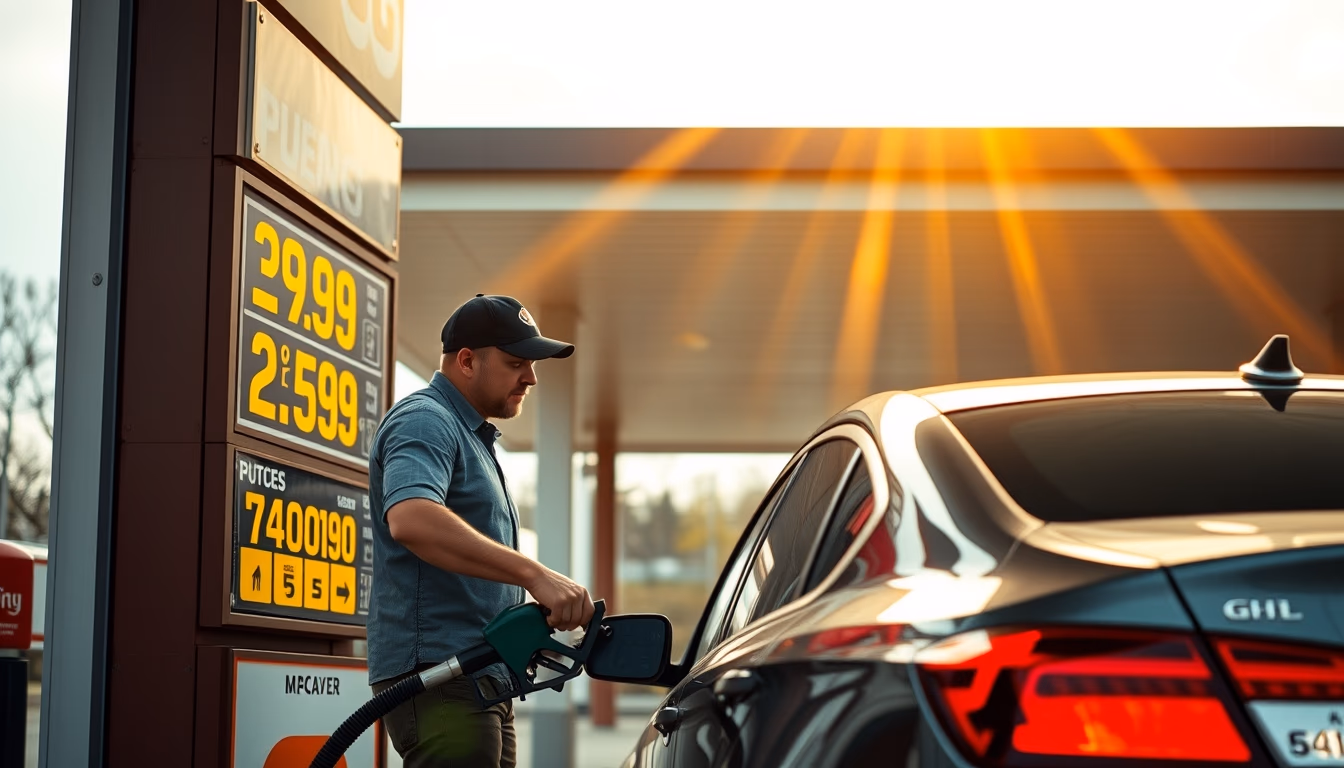 Gas station attendant filling up car next to fuel price sign em estilo editorial
