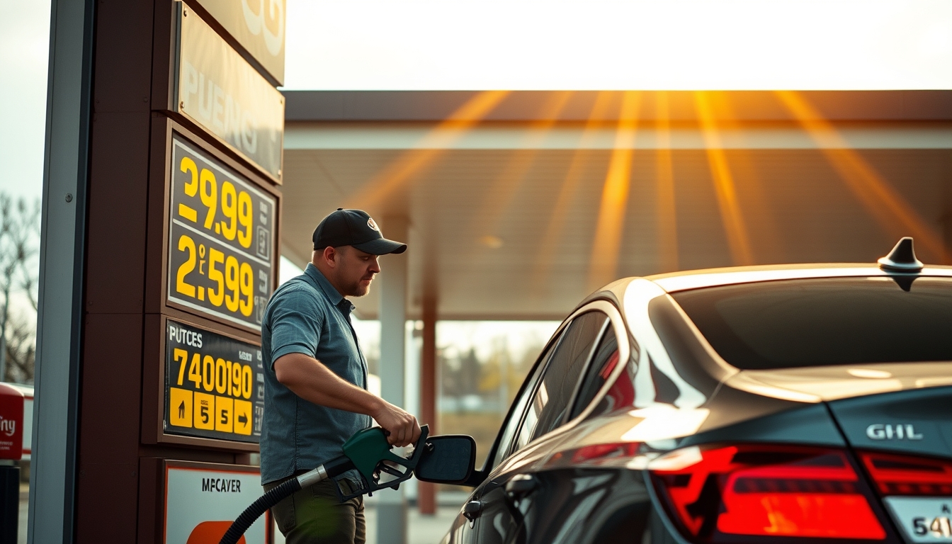 Gas station attendant filling up car next to fuel price sign em estilo editorial