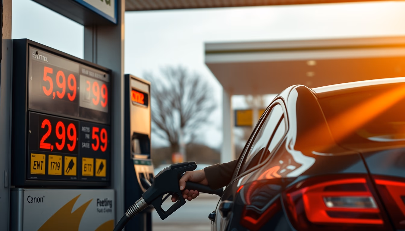 Gas station attendant filling up car next to fuel price sign em estilo editorial