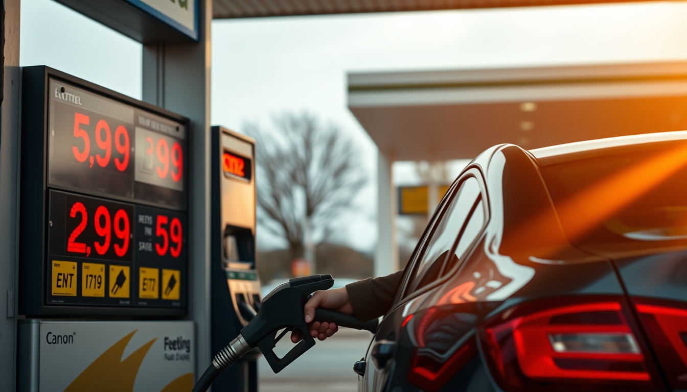 Gas station attendant filling up car next to fuel price sign em estilo editorial