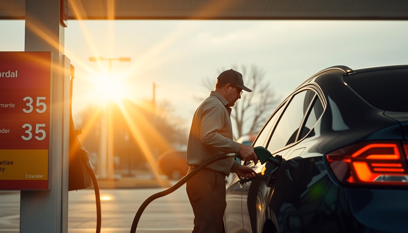 Gas station attendant filling up car next to fuel price sign em estilo editorial