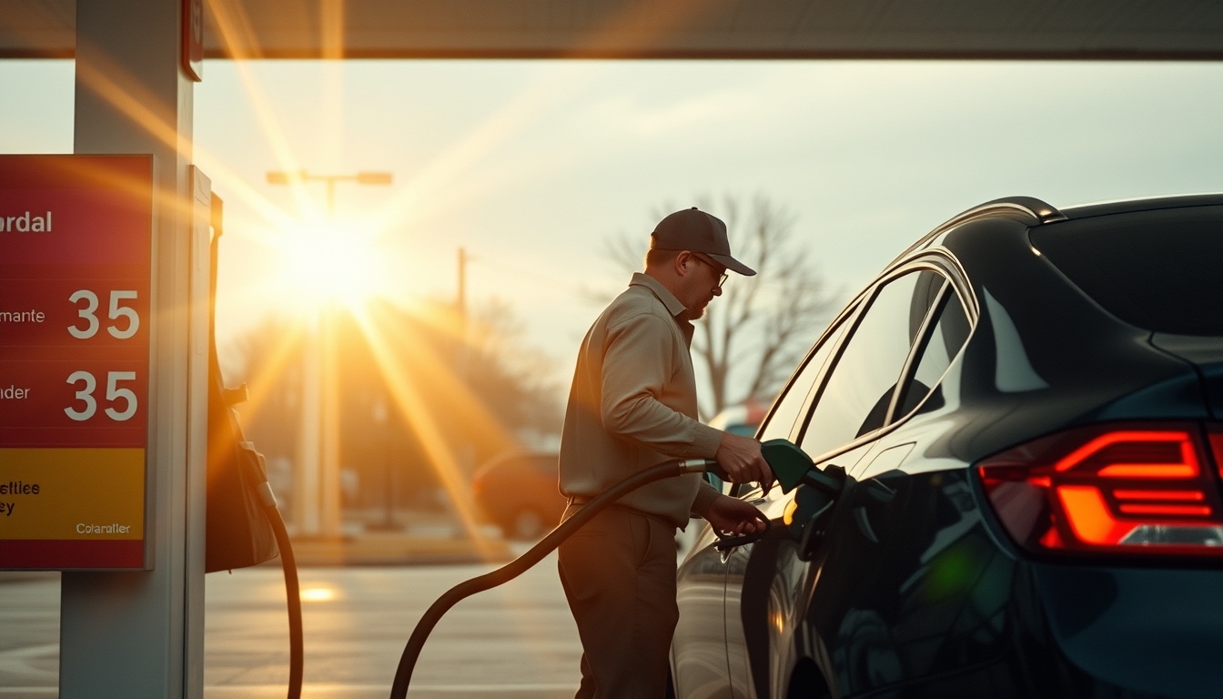 Gas station attendant filling up car next to fuel price sign em estilo editorial