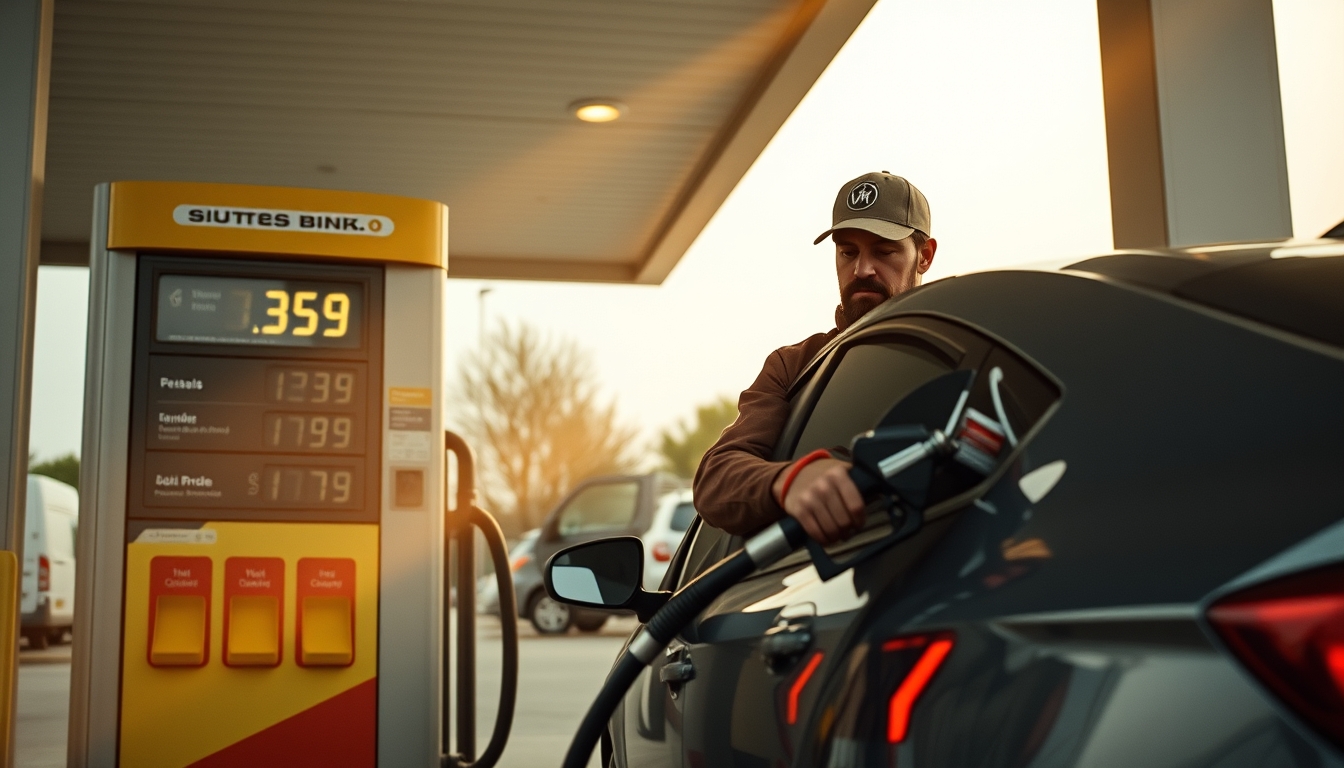 Gas station attendant filling up car next to fuel price sign em estilo editorial