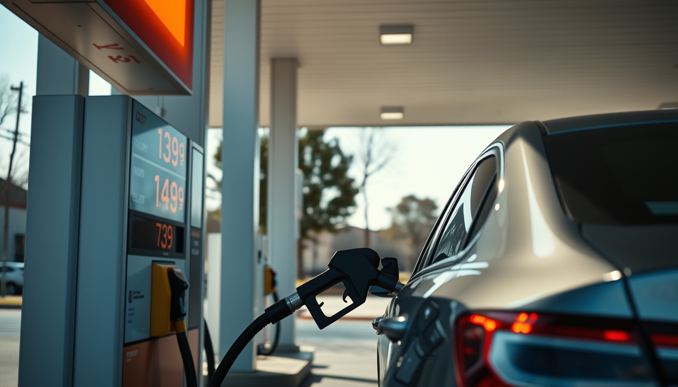 Gas station attendant filling up car next to fuel price sign em estilo editorial