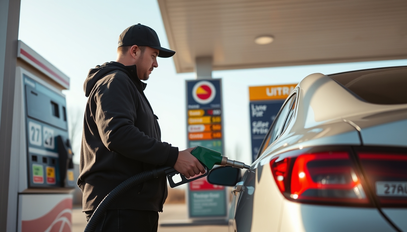 Gas station attendant filling up car next to fuel price sign em estilo editorial