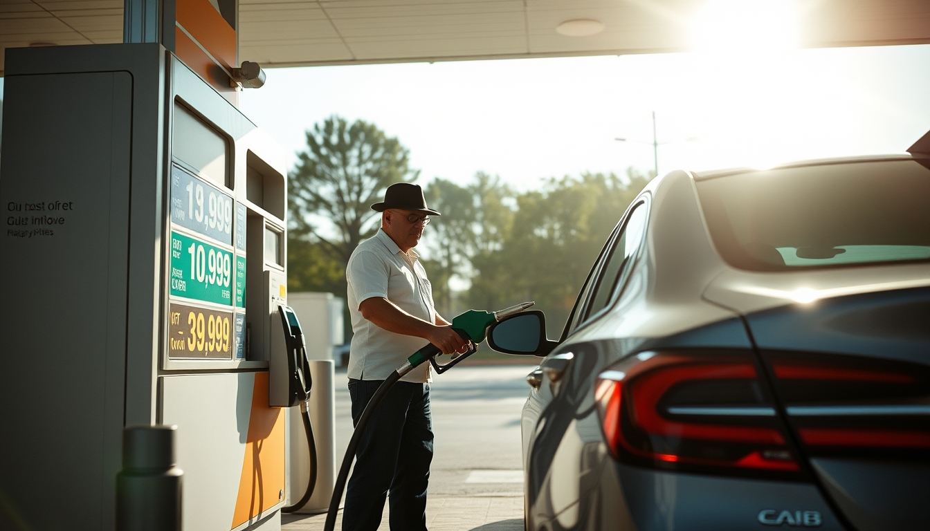 Gas station attendant filling up car next to fuel price sign em estilo editorial